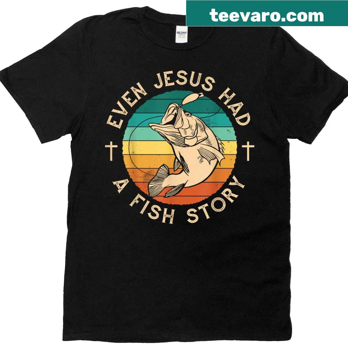 Funny fishing t-shirt with 'Even Jesus Had Fish Story' text — on a men's t-shirt