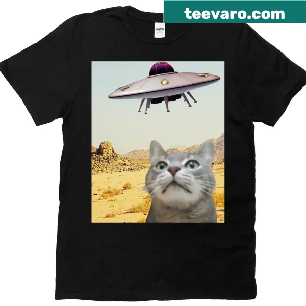 Fun T-shirt featuring a cat in a flying saucer design