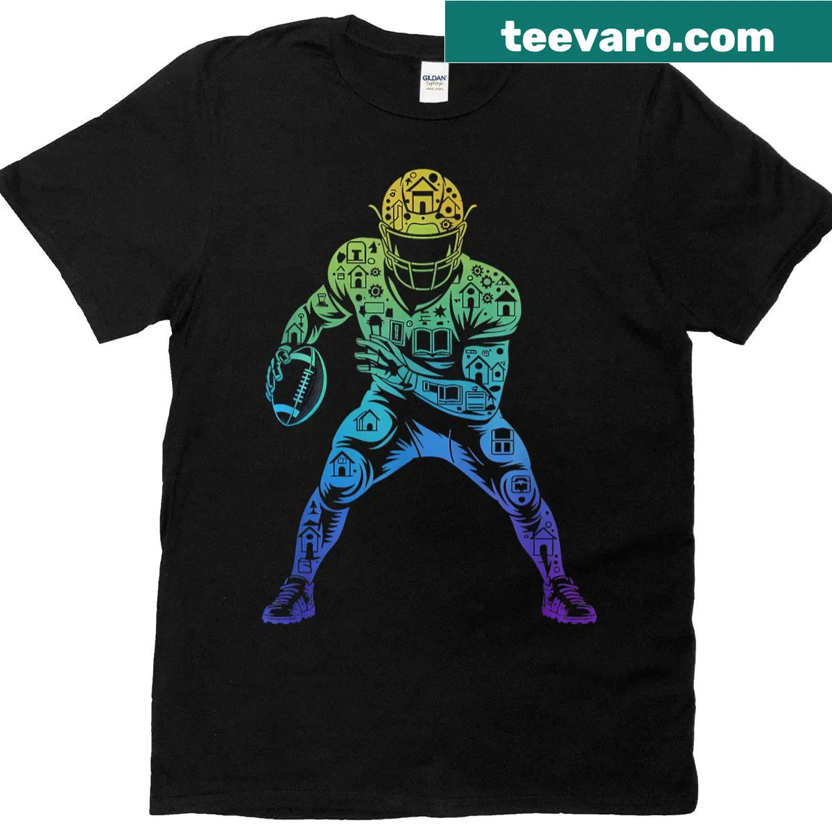 Football t-shirt featuring center player and coach illustration — on a men's t-shirt