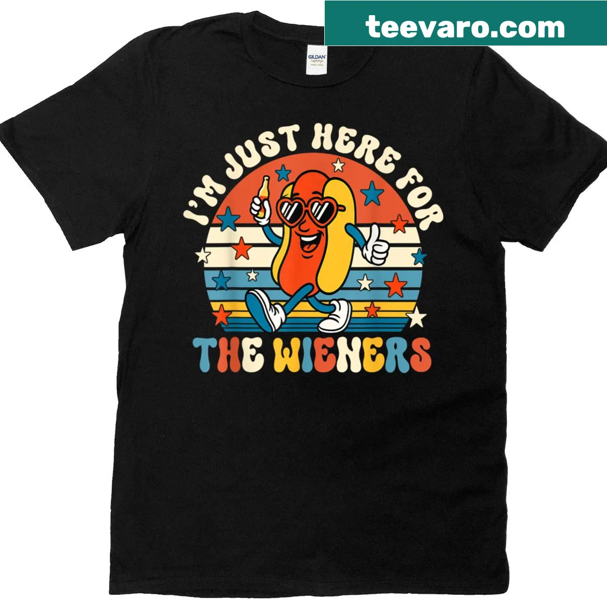 Funny 'I'm Here For The Wieners' text on t-shirt — on a men's t-shirt