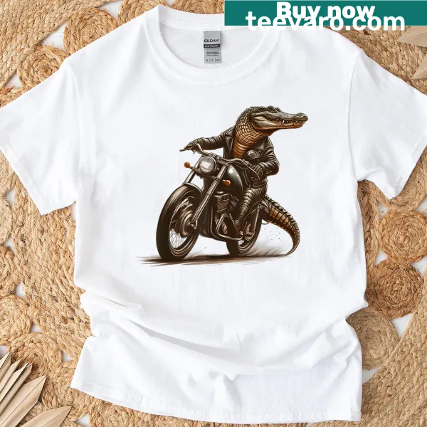 Cartoon alligator riding a motorcycle on a humorous t-shirt