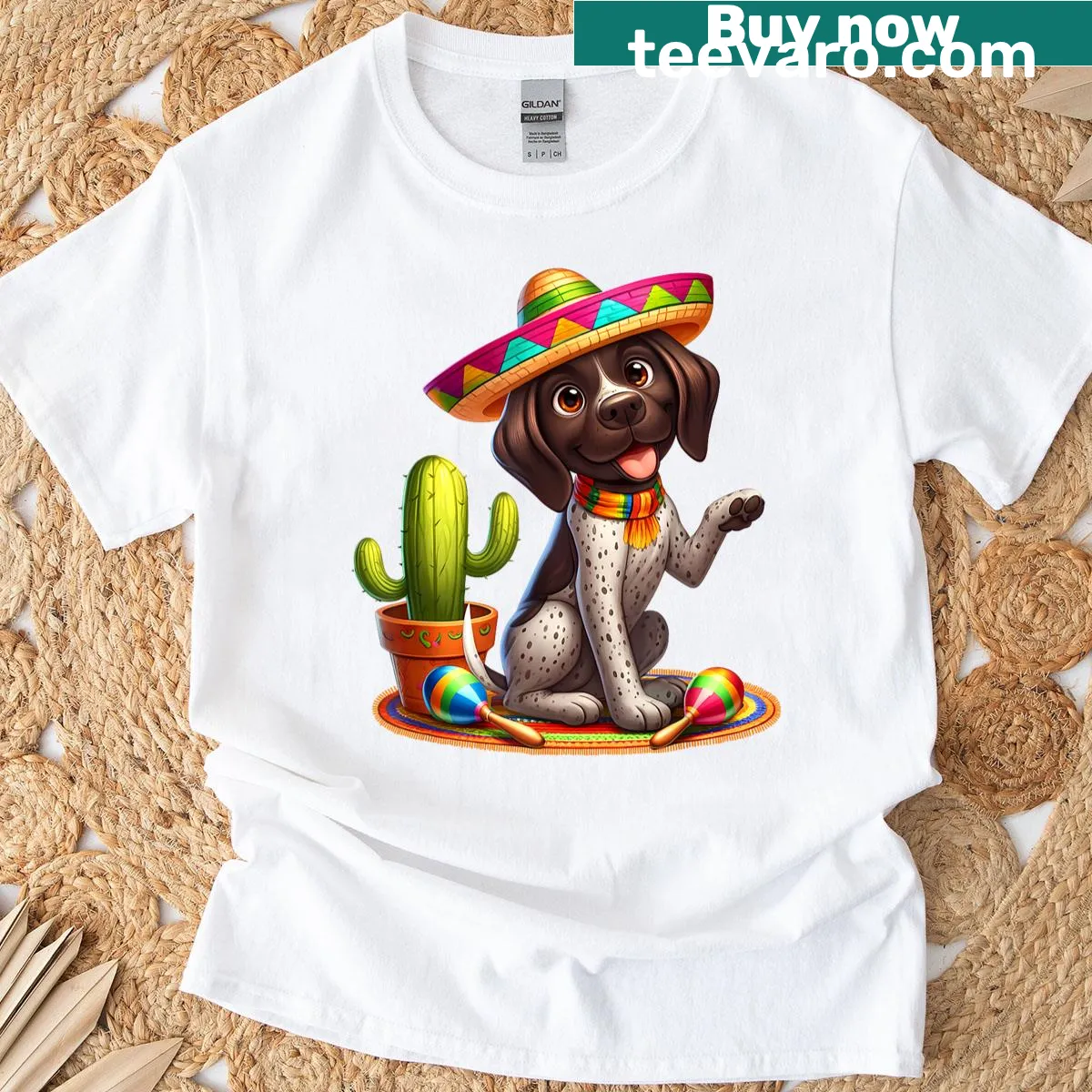 Cartoon German Shorthaired Pointer celebrating Cinco de Mayo on a T-shirt — on a men's t-shirt