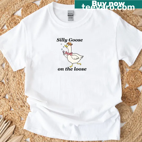 Cartoon goose graphic with cute text design.