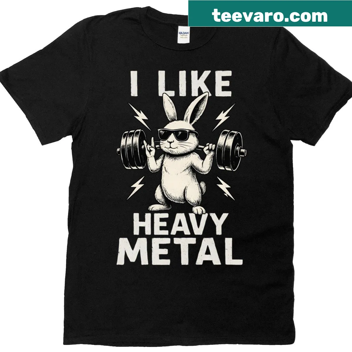 Cartoon rabbit lifting a barbell on a gym-themed t-shirt — on a men's t-shirt