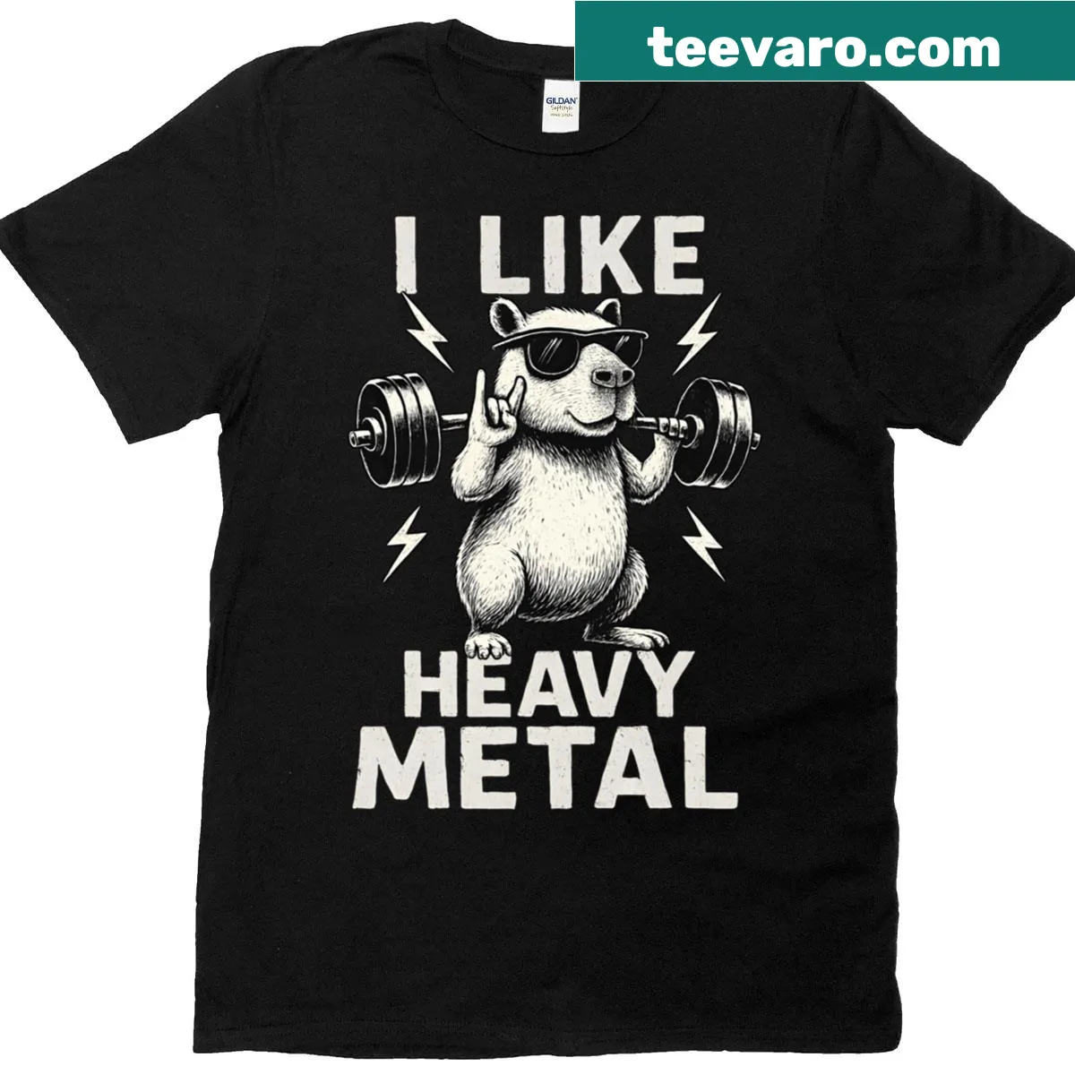Capybara lifting barbell with a rock-on gesture graphic — on a men's t-shirt