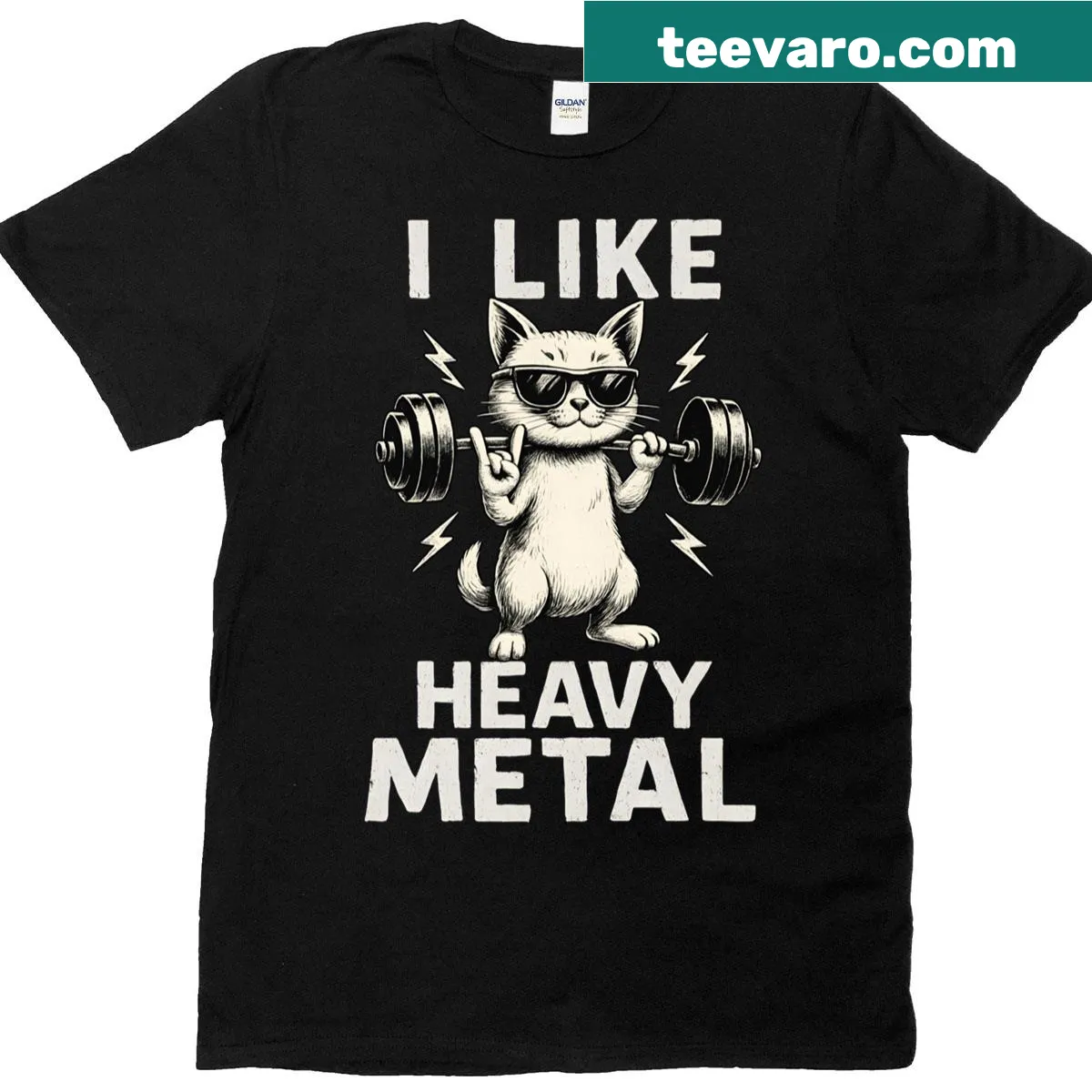 Cartoon cat lifting a barbell on a gym-themed t-shirt — on a men's t-shirt