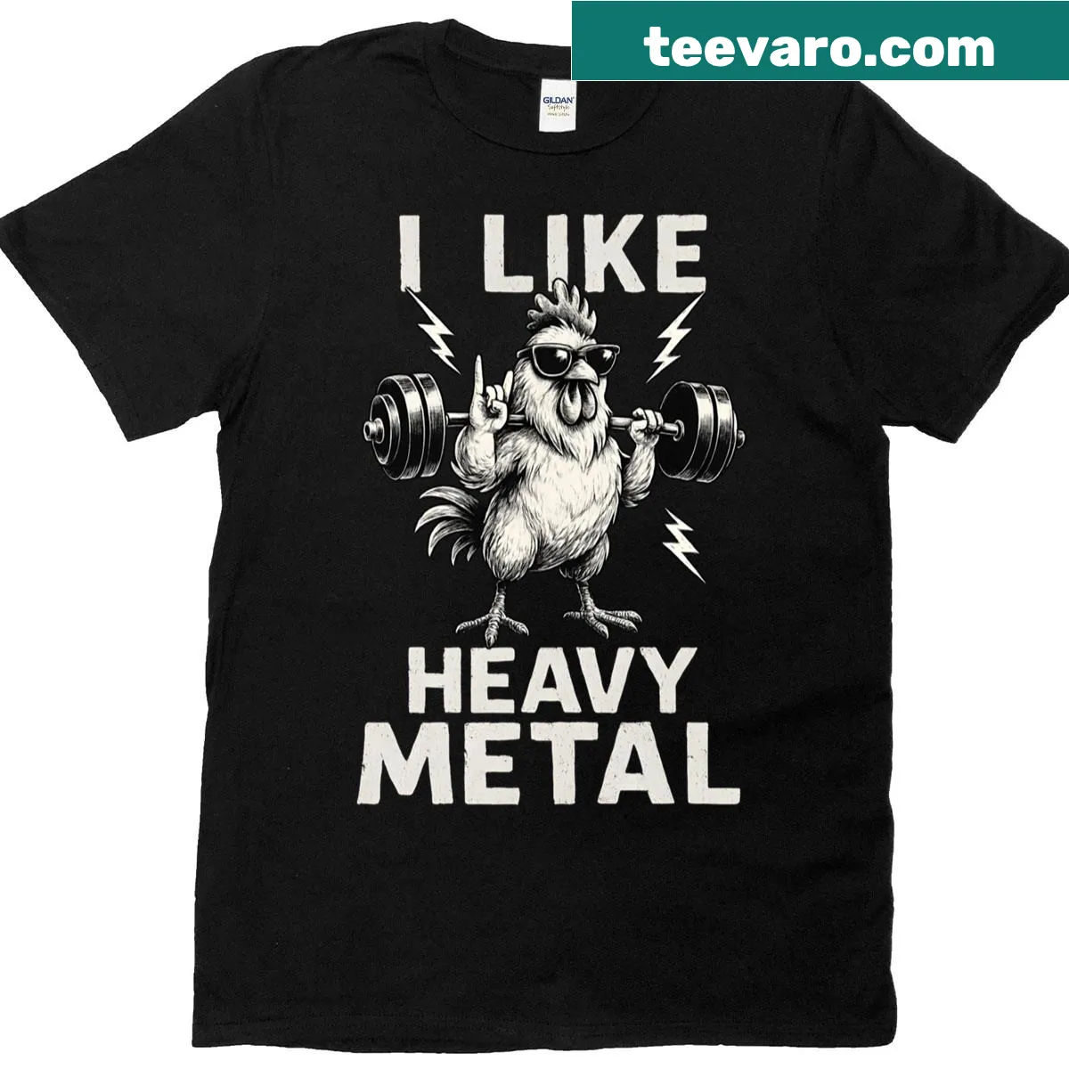 Cartoon chicken lifting a barbell on a gym-themed t-shirt — on a men's t-shirt