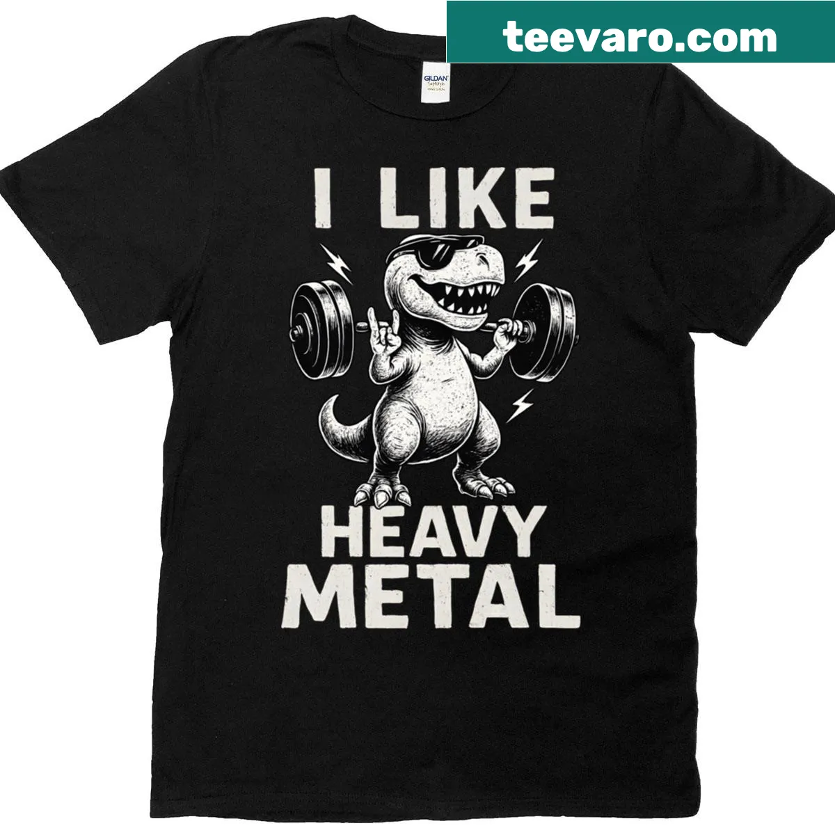 Cartoon dinosaur lifting a barbell on a gym-themed t-shirt — on a men's t-shirt