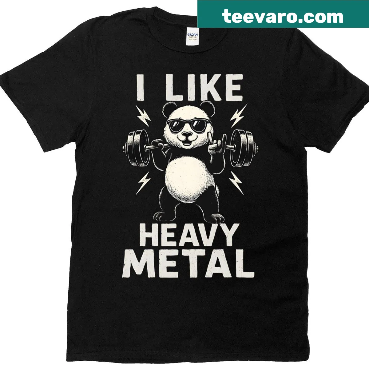 Panda lifting a barbell with a rock-on gesture graphic — on a men's t-shirt