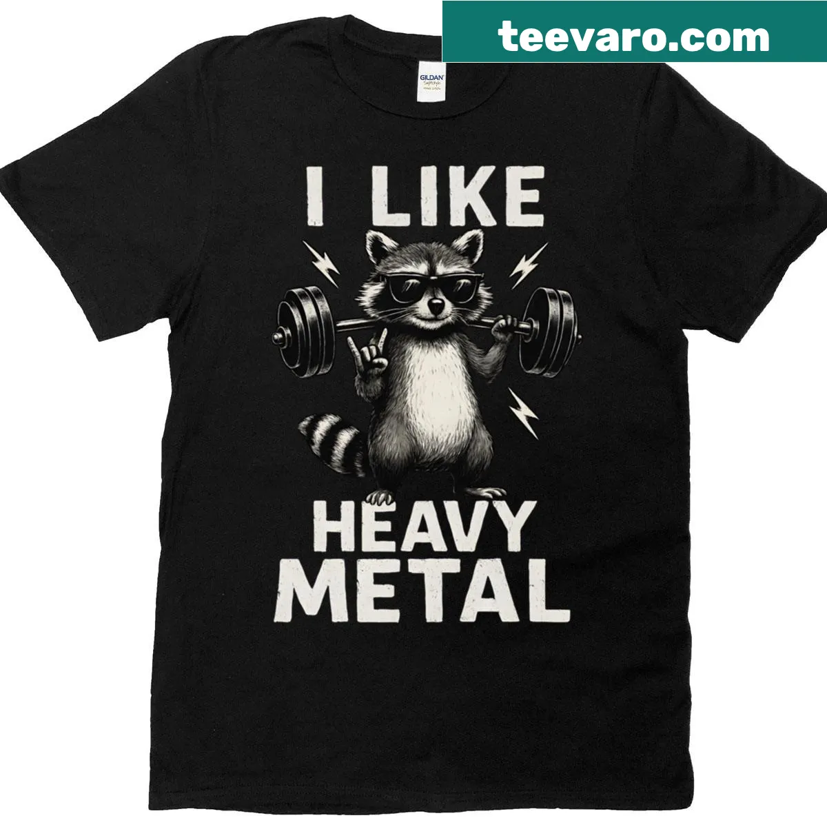 Cartoon raccoon lifting a barbell on a workout t-shirt — on a men's t-shirt