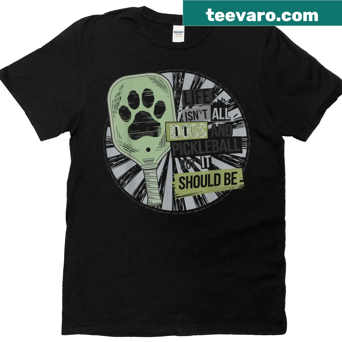 Funny t-shirt with text about dogs and pickleball — on a men's t-shirt
