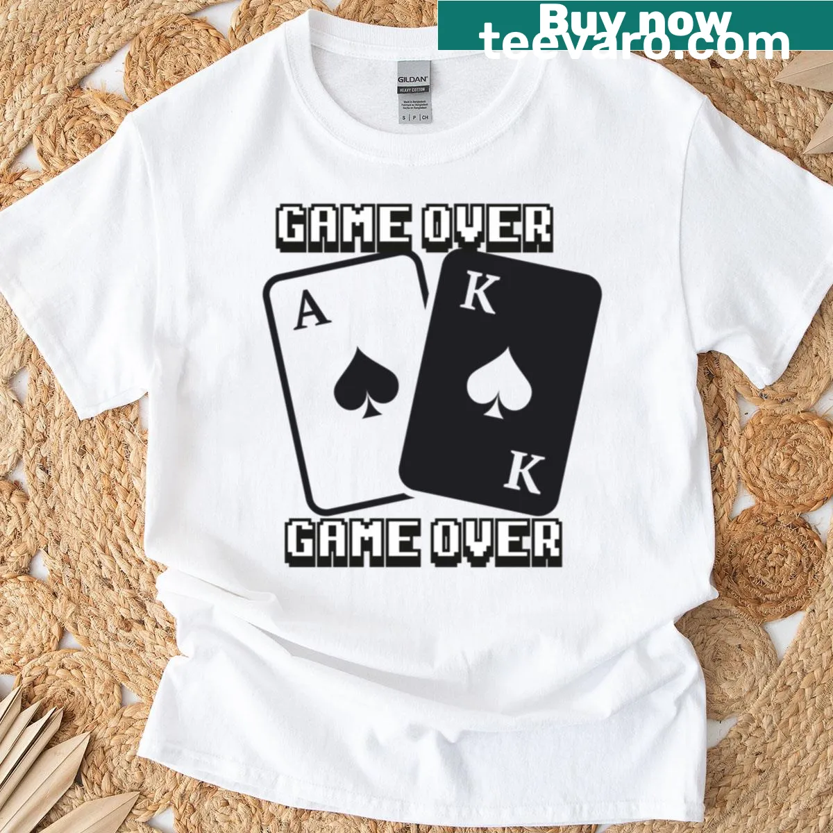 Graphic t-shirt featuring Ace and King playing cards with a Game Over theme — on a men's t-shirt