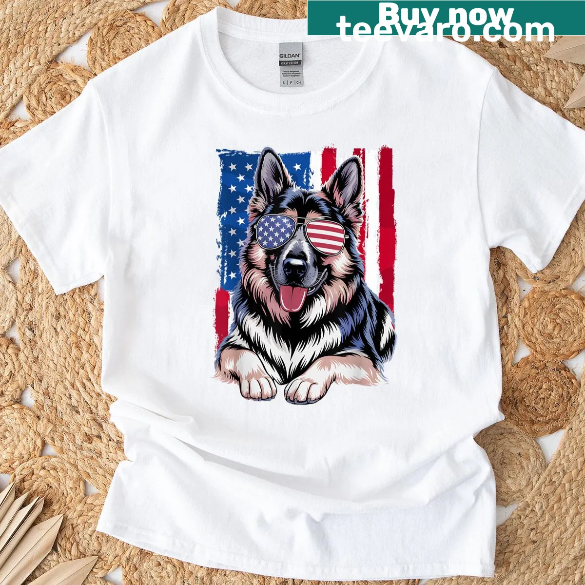 Patriotic German Shepherd wearing sunglasses and USA flag — on a men's t-shirt