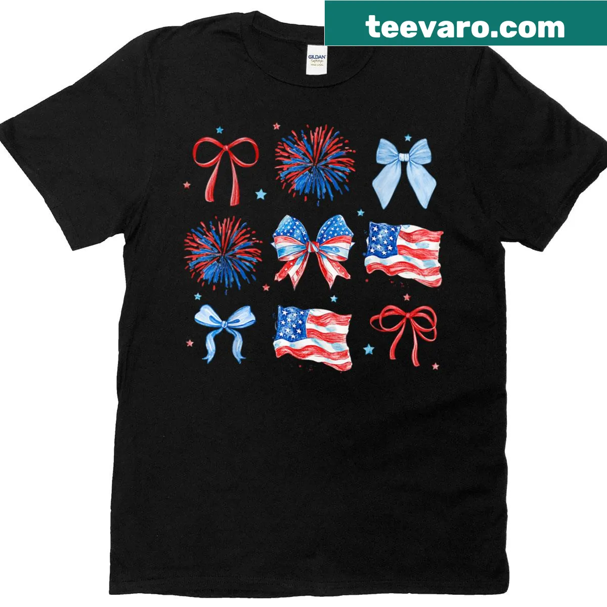 Patriotic T-shirt with USA flag, fireworks, and bows illustration — on a men's t-shirt