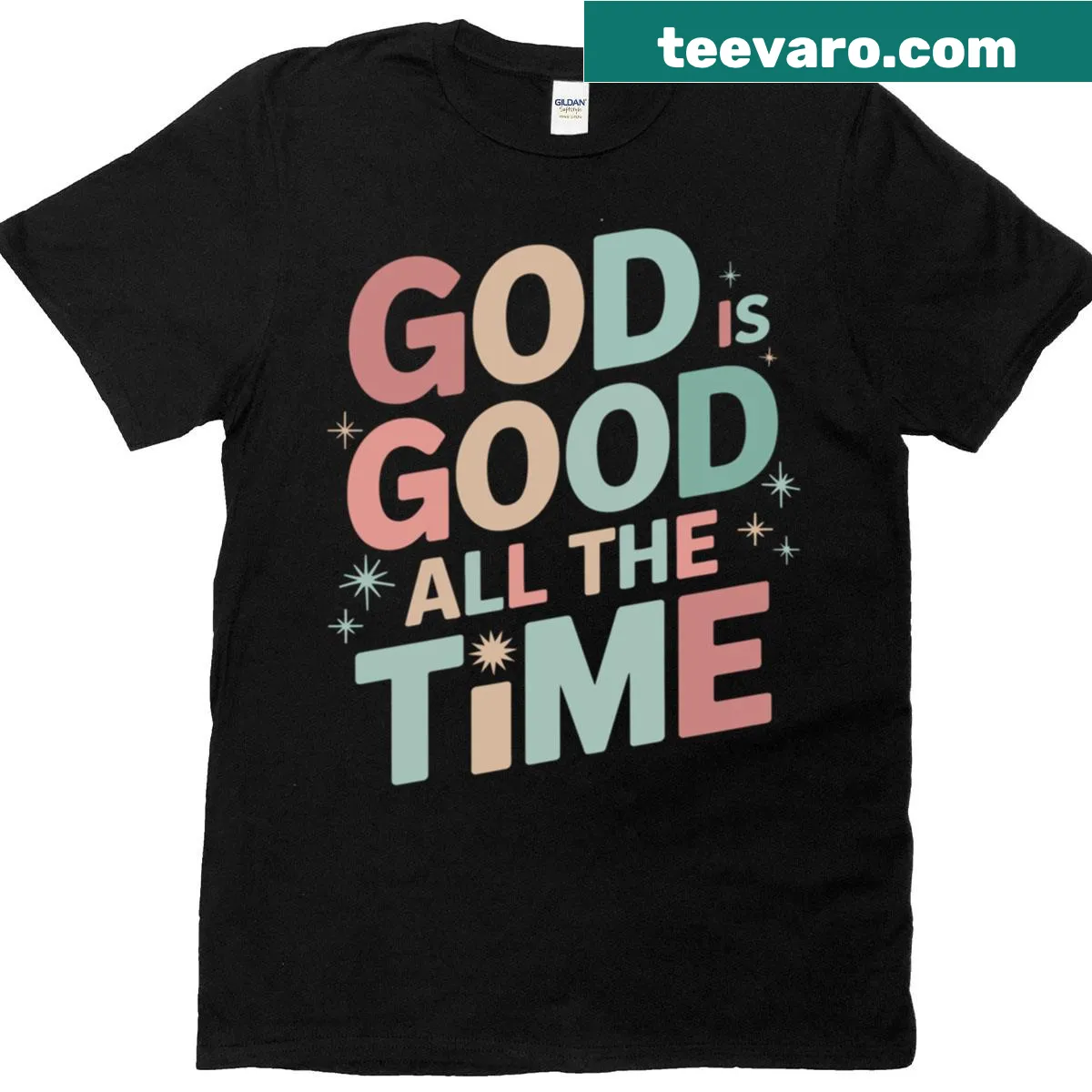 Oversized t-shirt with 'God Is Good All The Time' text — on a men's t-shirt
