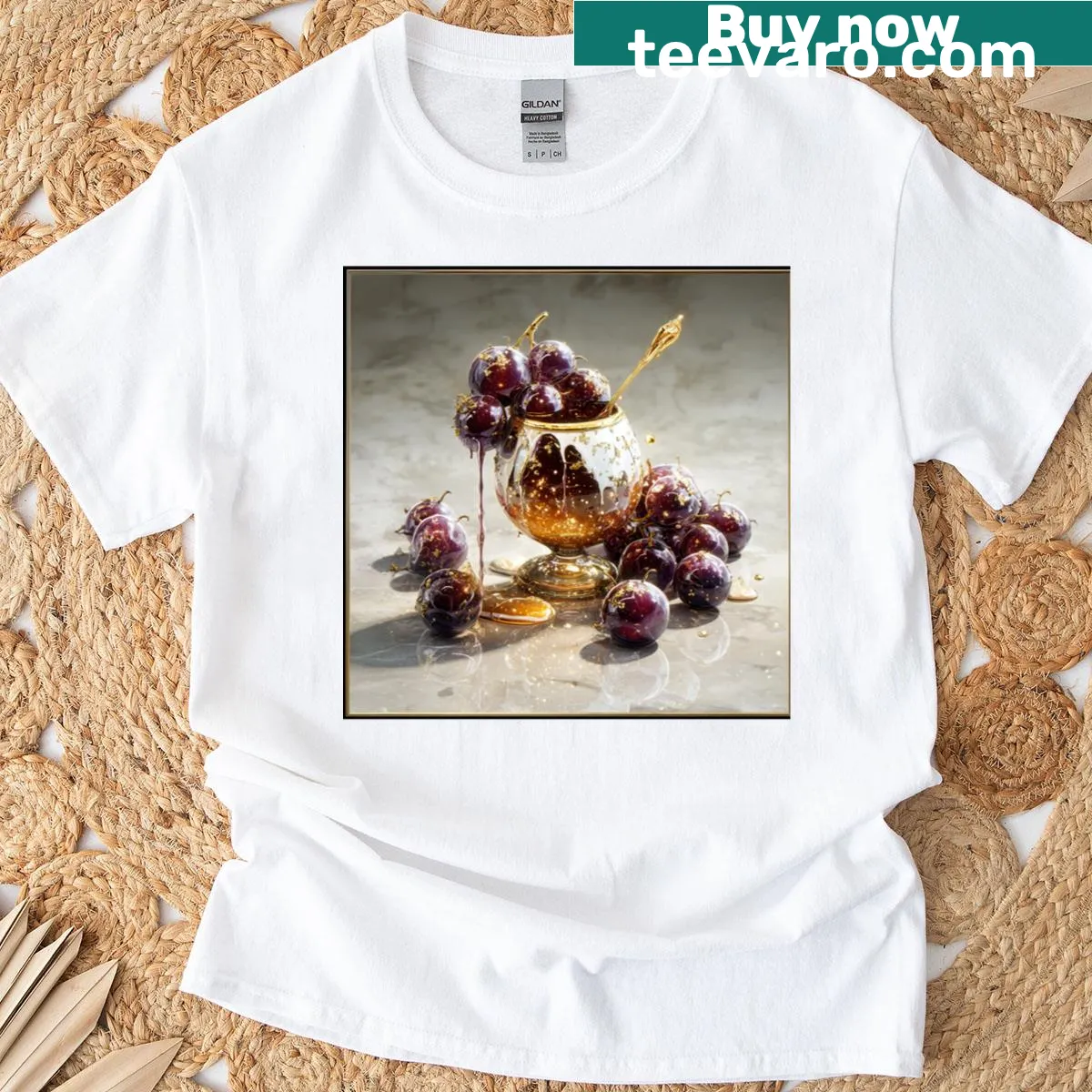 Illustrated golden grapes design on t-shirt — on a men's t-shirt