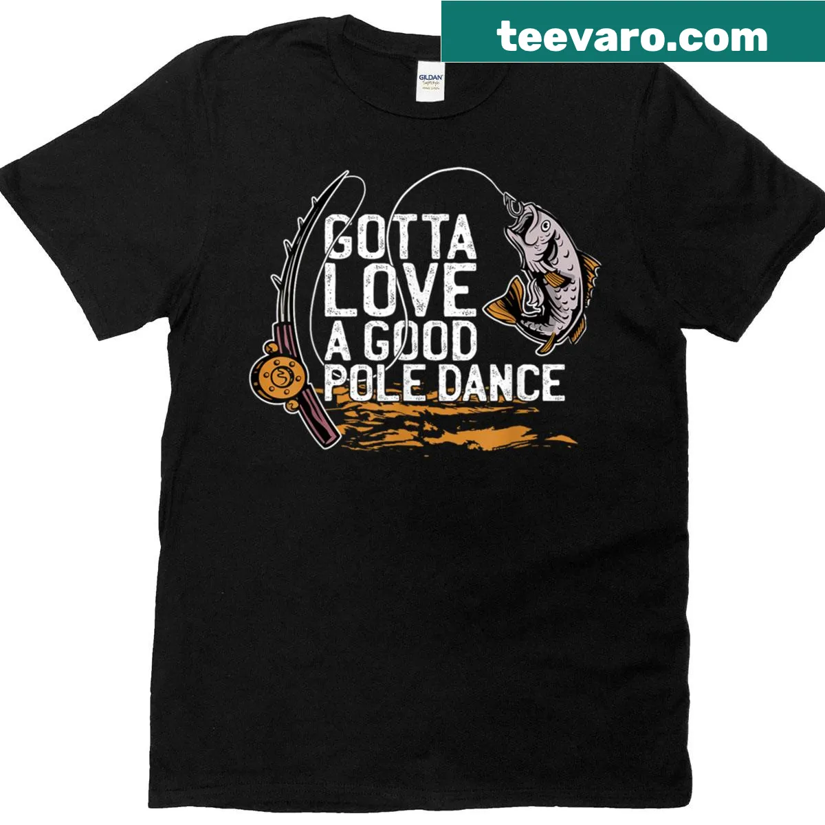 Funny fishing-themed t-shirt with pole dance text. — on a men's t-shirt