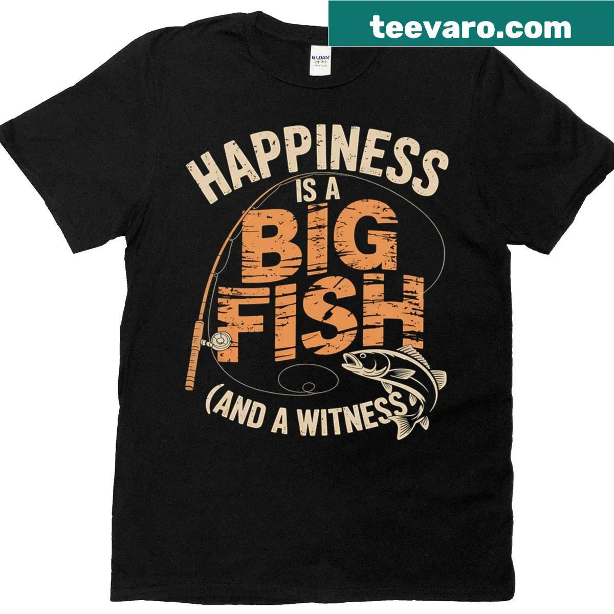 T-shirt with the phrase 'Happiness Is A Big Fish And A Witness' for fishing enthusiasts — on a men's t-shirt