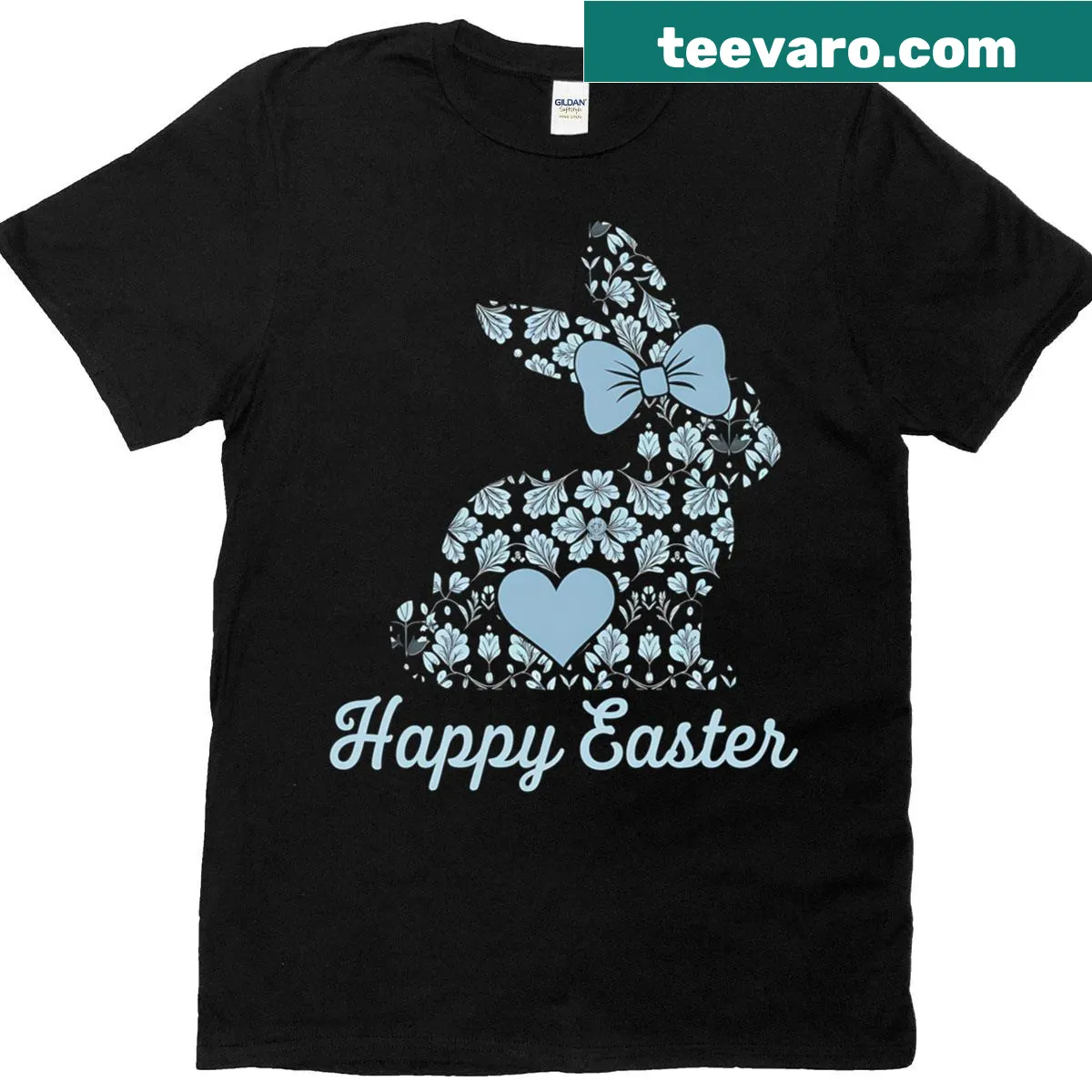 Easter-themed T-shirt featuring a bunny, eggs, and a floral bow — on a men's t-shirt