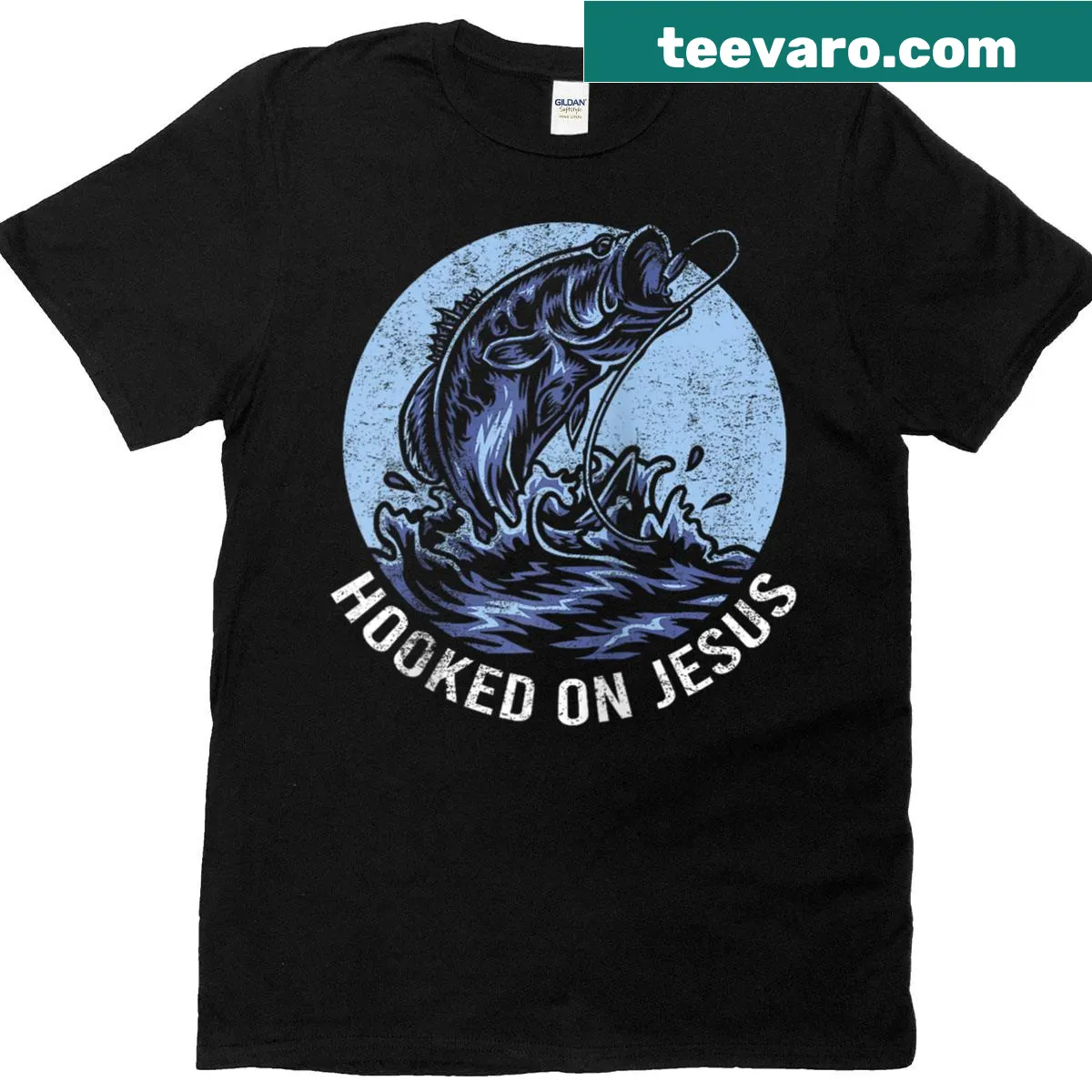 Fishing-themed raglan tee with 'Hooked On Jesus' design — on a men's t-shirt
