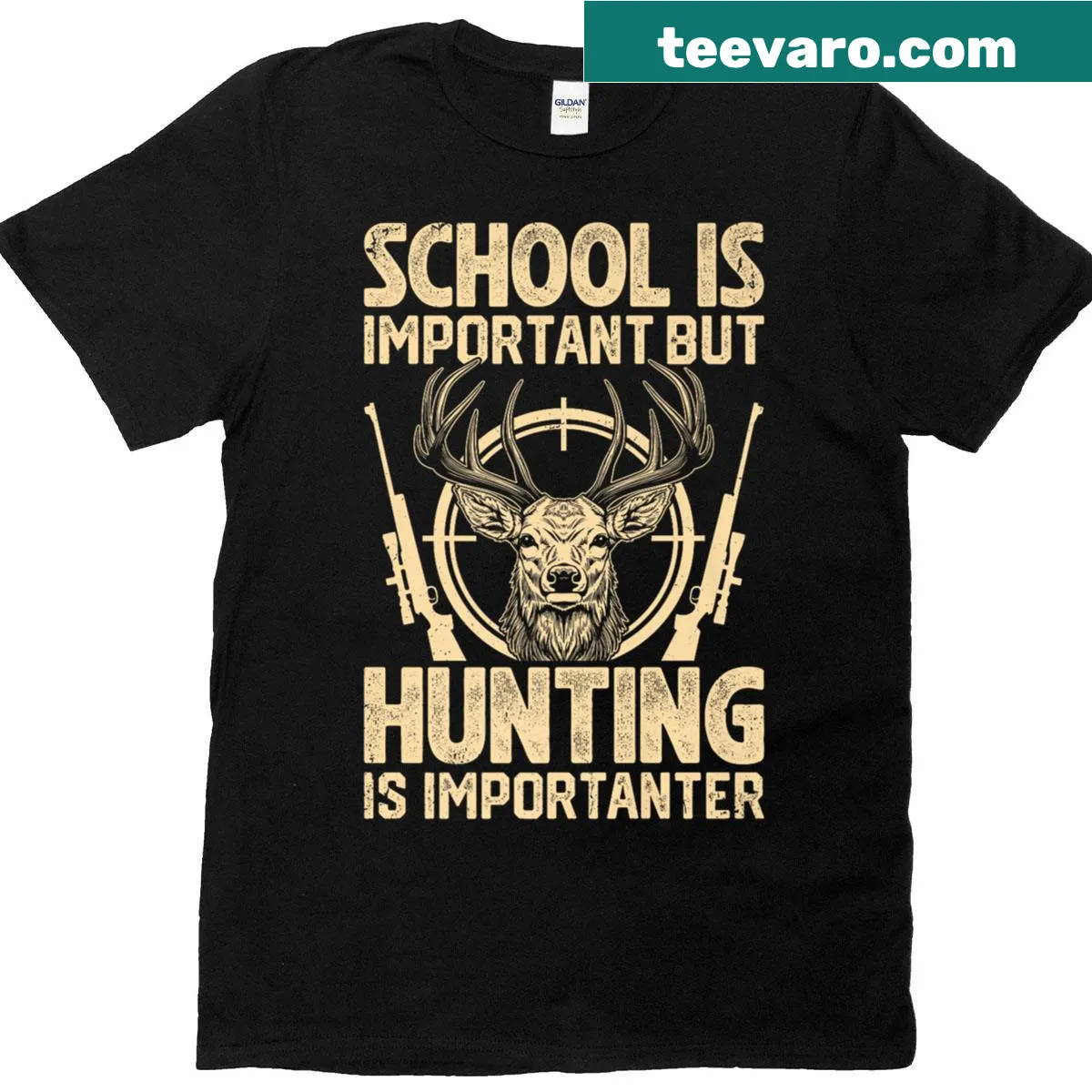 Humorous T-shirt declaring 'School Is Important But Hunting Is Importanter' for hunters. — on a men's t-shirt