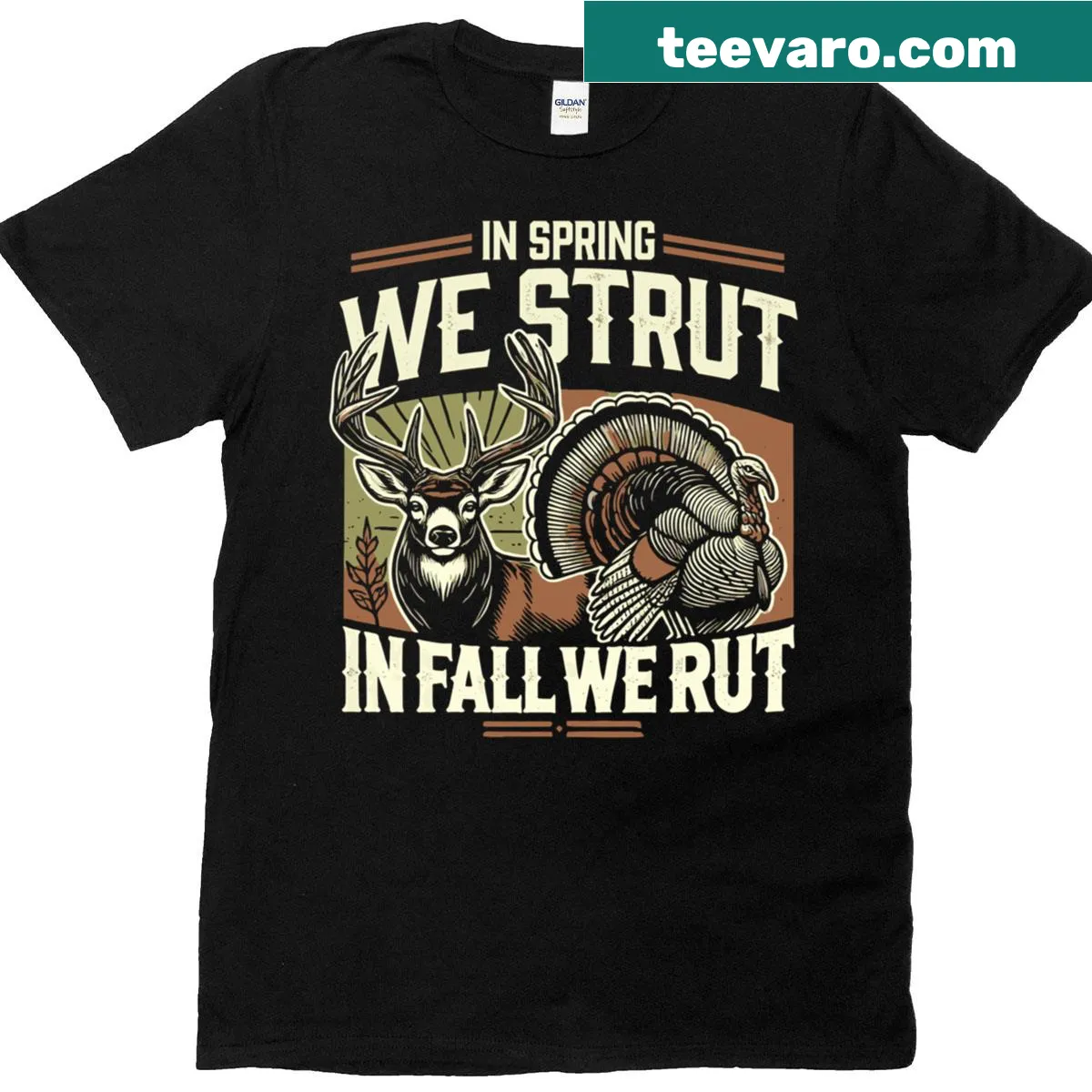 Humorous illustration of a turkey and deer on a T-shirt for hunters — on a men's t-shirt