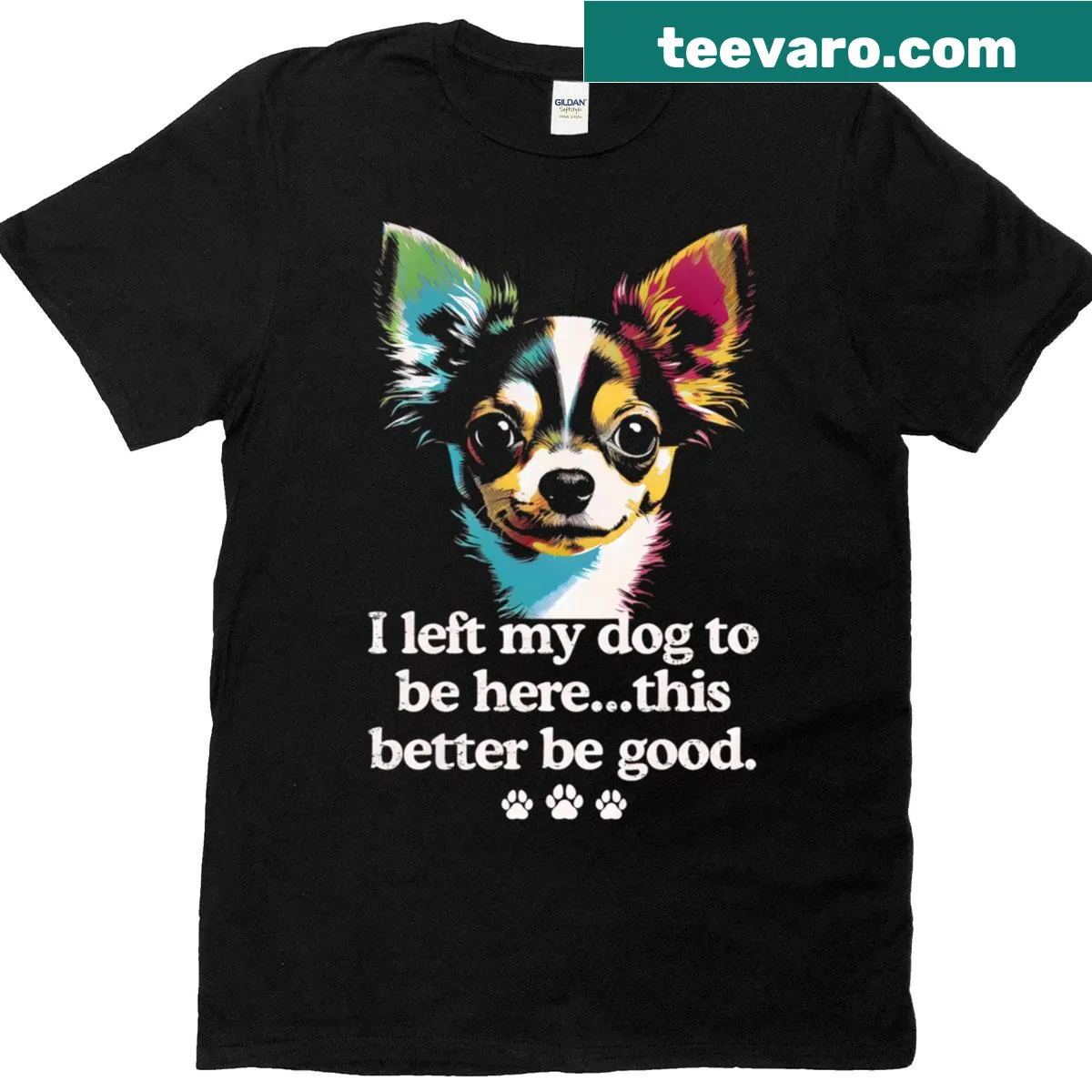 Funny Chihuahua T-shirt with humorous text — on a men's t-shirt