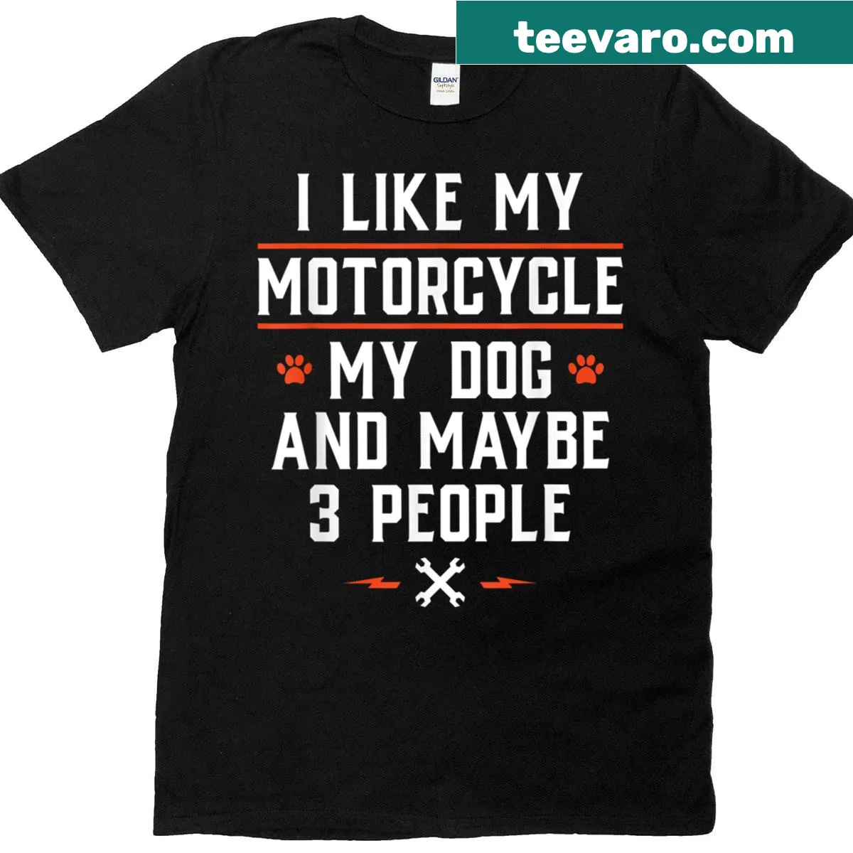 Humorous Biker T-shirt listing motorcycle, dog, and few people as priorities. — on a men's t-shirt