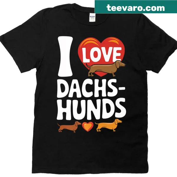 Dachshund-themed T-shirt with heart illustration.