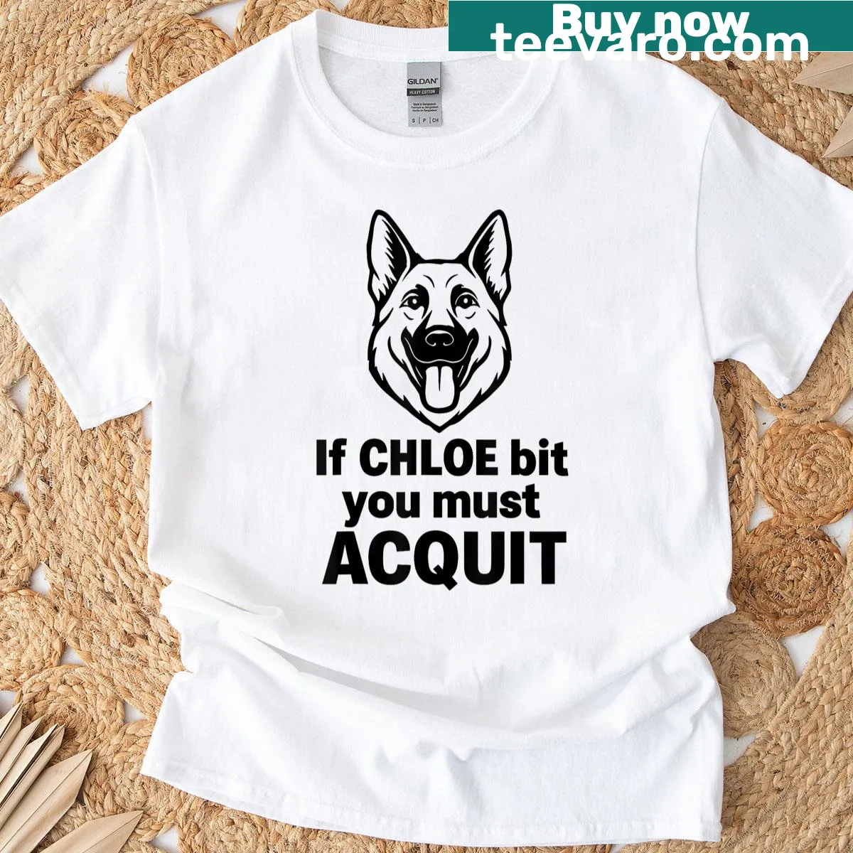 Funny dog-themed t-shirt with 'If Chloe Bit You Must Acquit' text — on a men's t-shirt