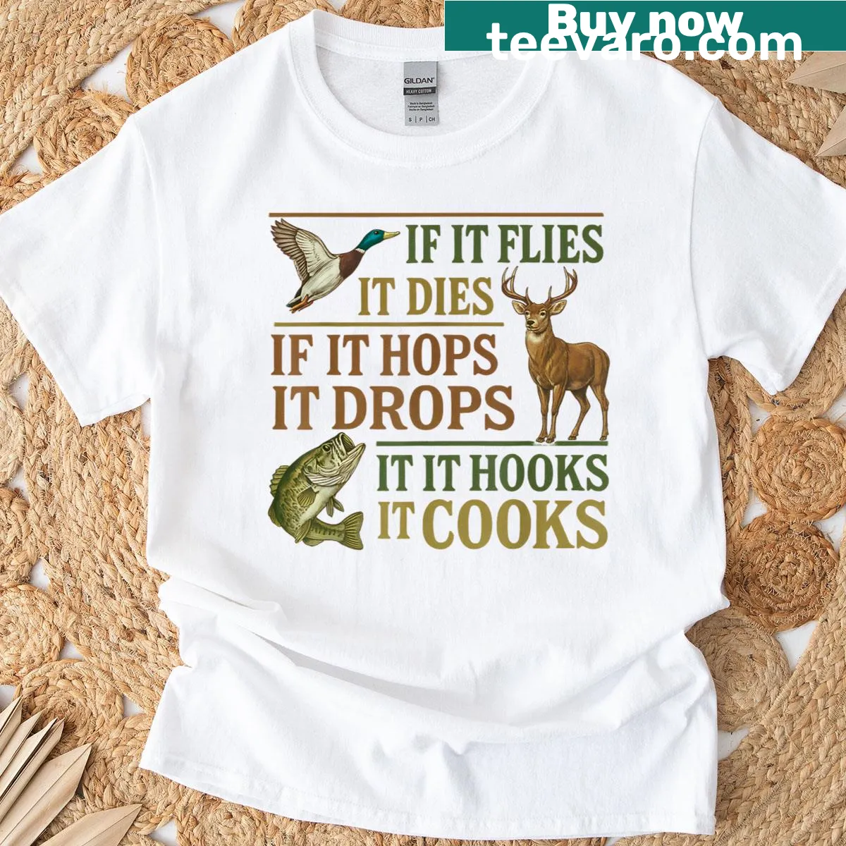 Playful hunting-themed t-shirt with 'If It Flies It Dies' text — on a men's t-shirt