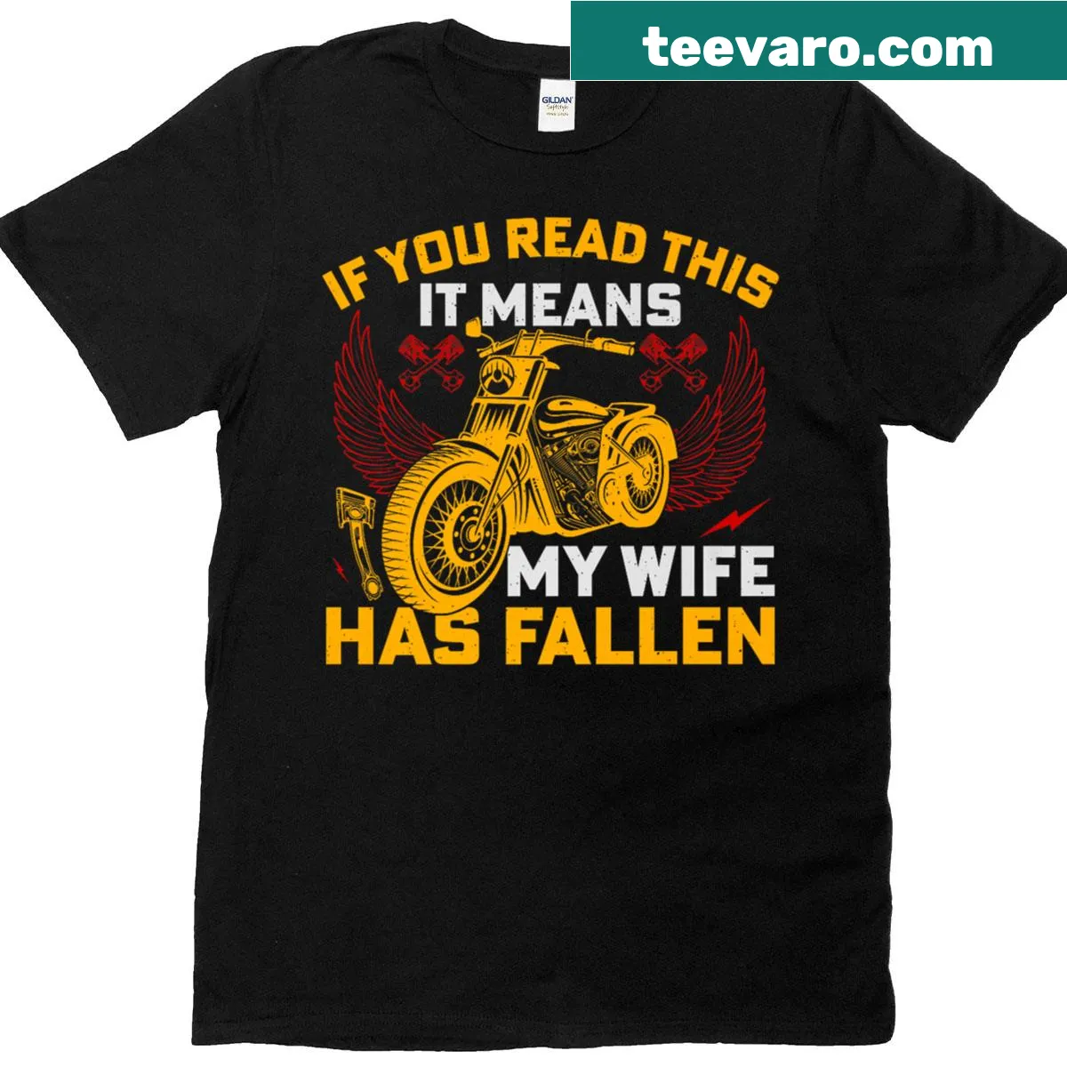 Biker t-shirt with humorous text about a fallen wife — on a men's t-shirt