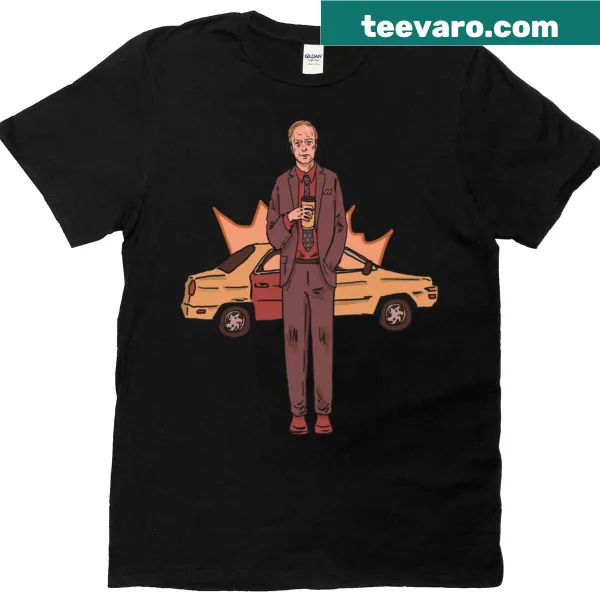 Comic-style t-shirt featuring a lawyer and his car illustration