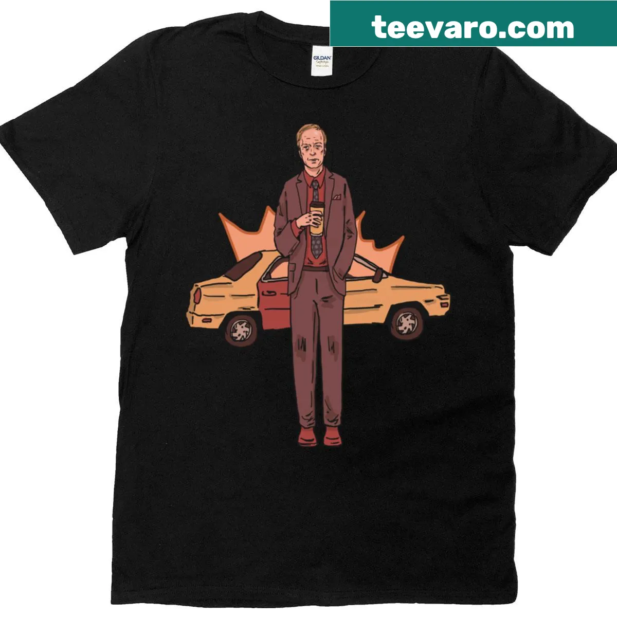 Comic-style t-shirt featuring a lawyer and his car illustration — on a men's t-shirt