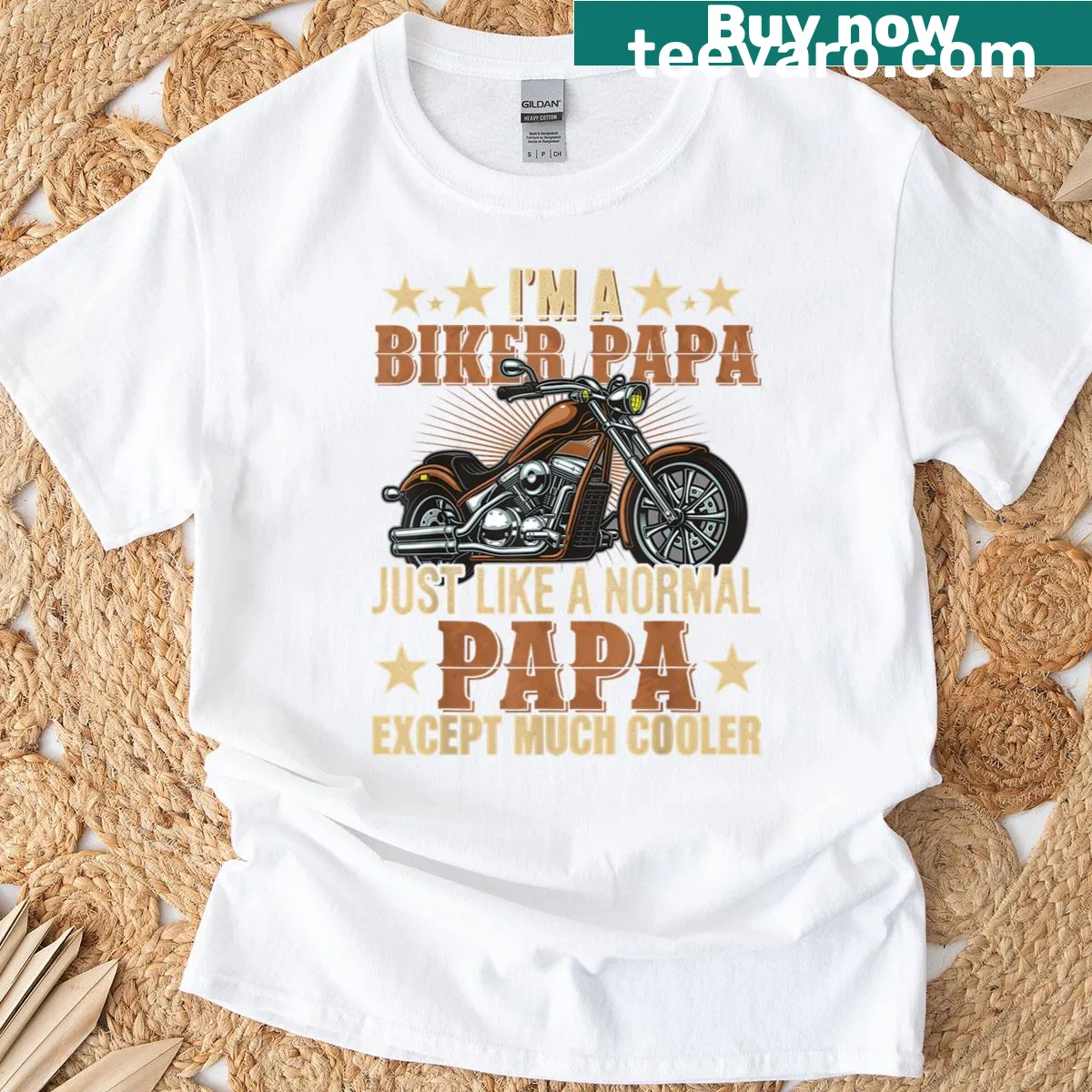 Biker Papa T-shirt featuring a motorcycle and bold lettering — on a men's t-shirt