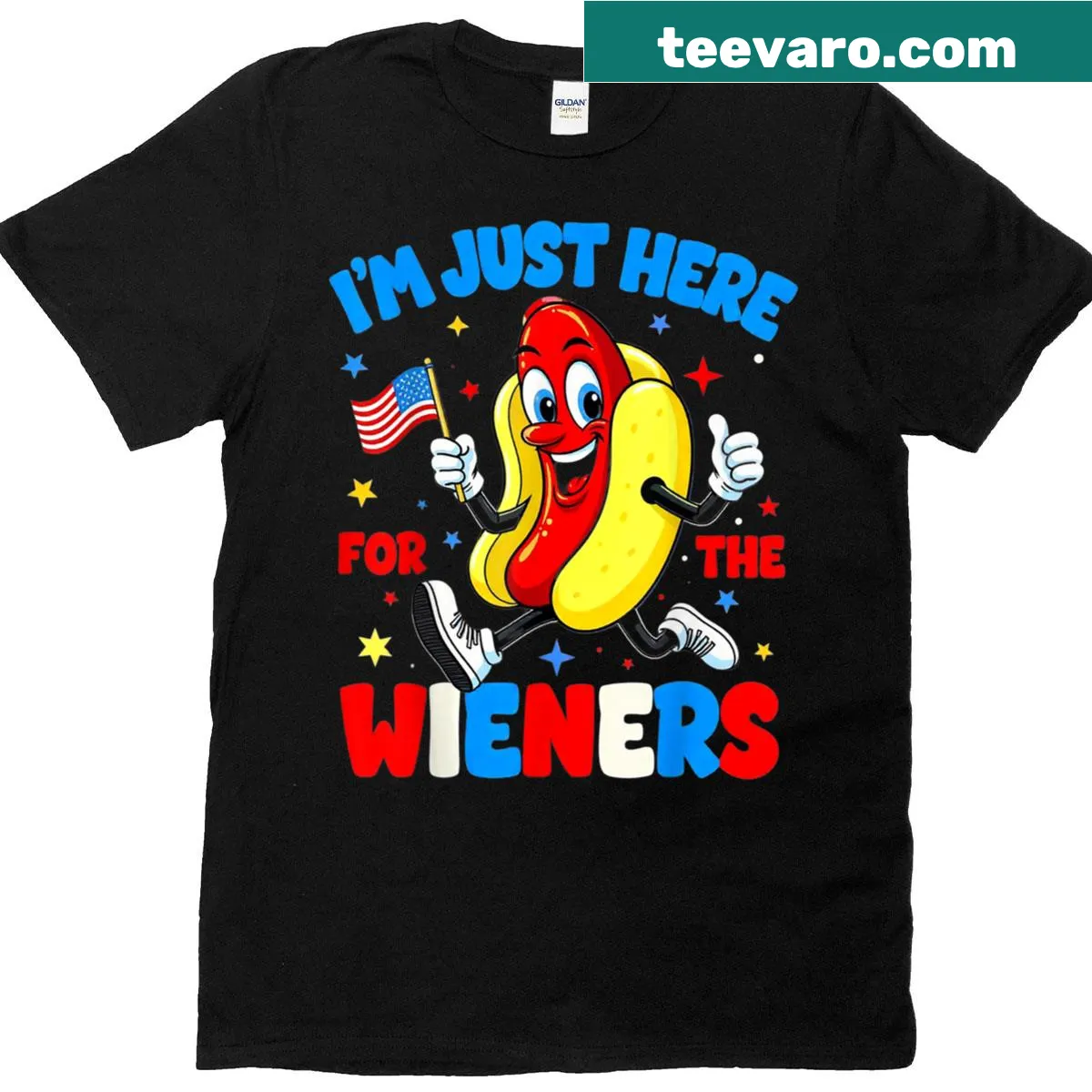 Funny Fourth of July t-shirt with a hot dog theme — on a men's t-shirt