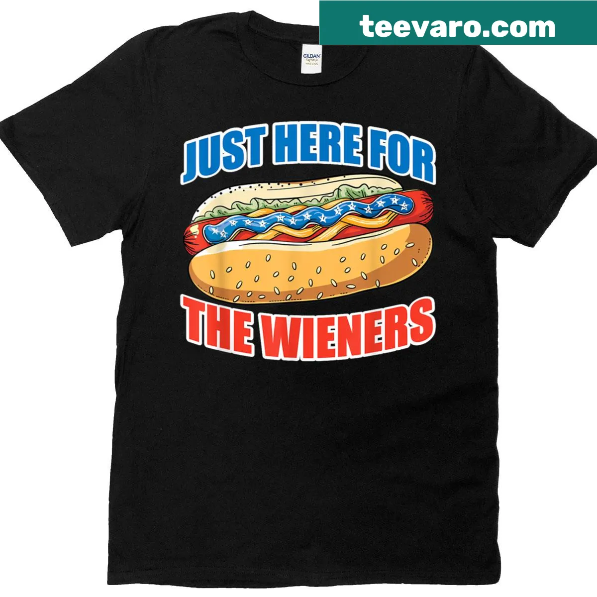 Funny t-shirt with hot dog illustration for Fourth of July — on a men's t-shirt
