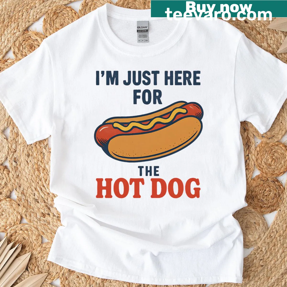 Funny Fourth of July T-shirt with hot dog graphic and playful text — on a men's t-shirt
