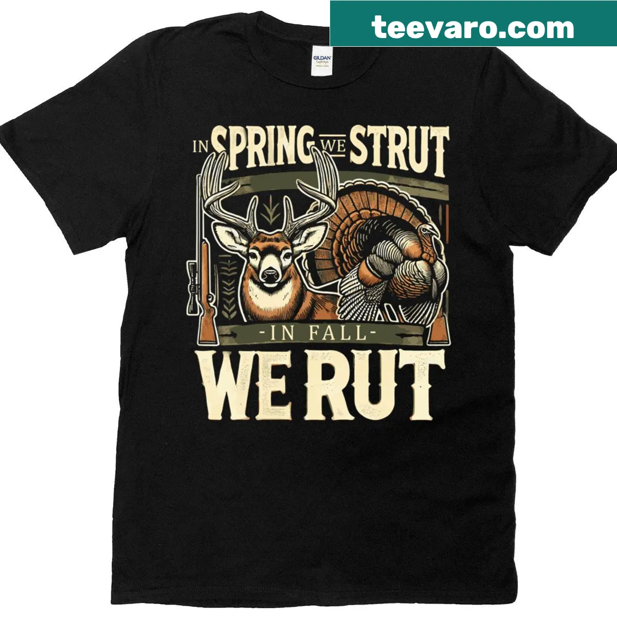 Humorous hunting t-shirt with text about spring and fall hunting — on a men's t-shirt