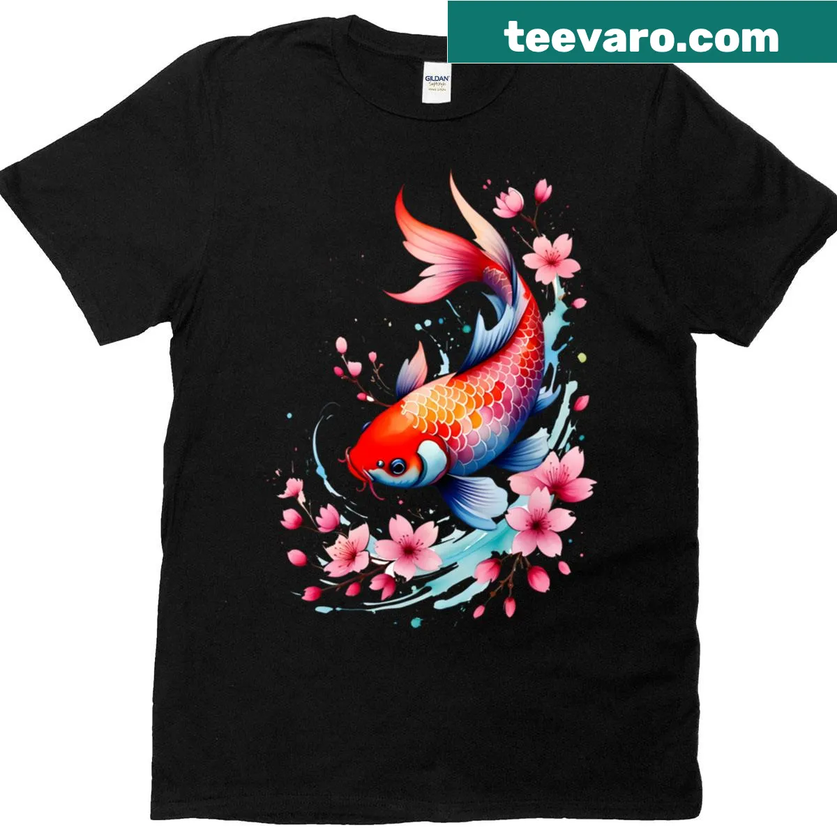 Illustrated t-shirt with koi carp and cherry blossoms design — on a men's t-shirt