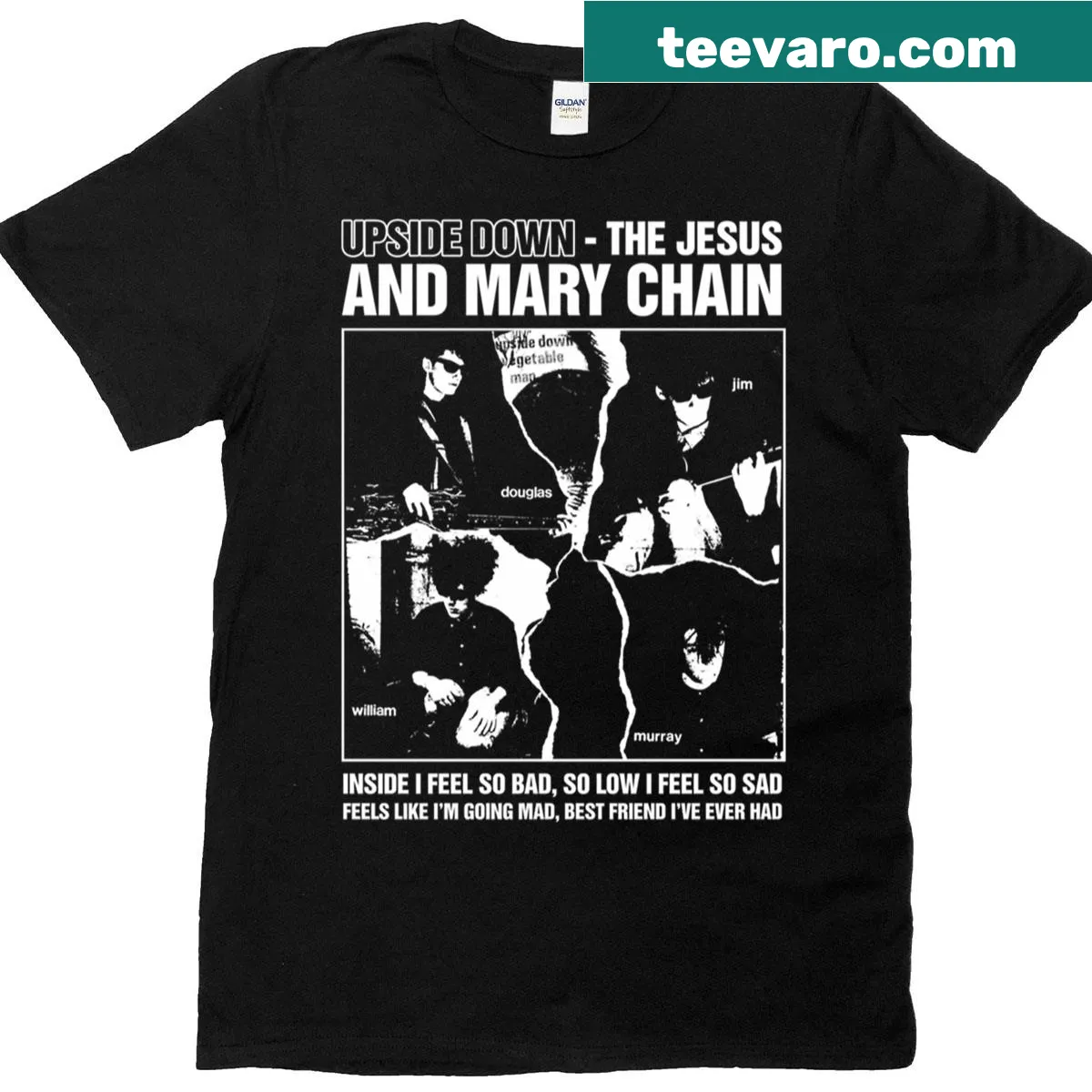 Edgy t-shirt with upside down Jesus and Mary Chain logo — on a men's t-shirt