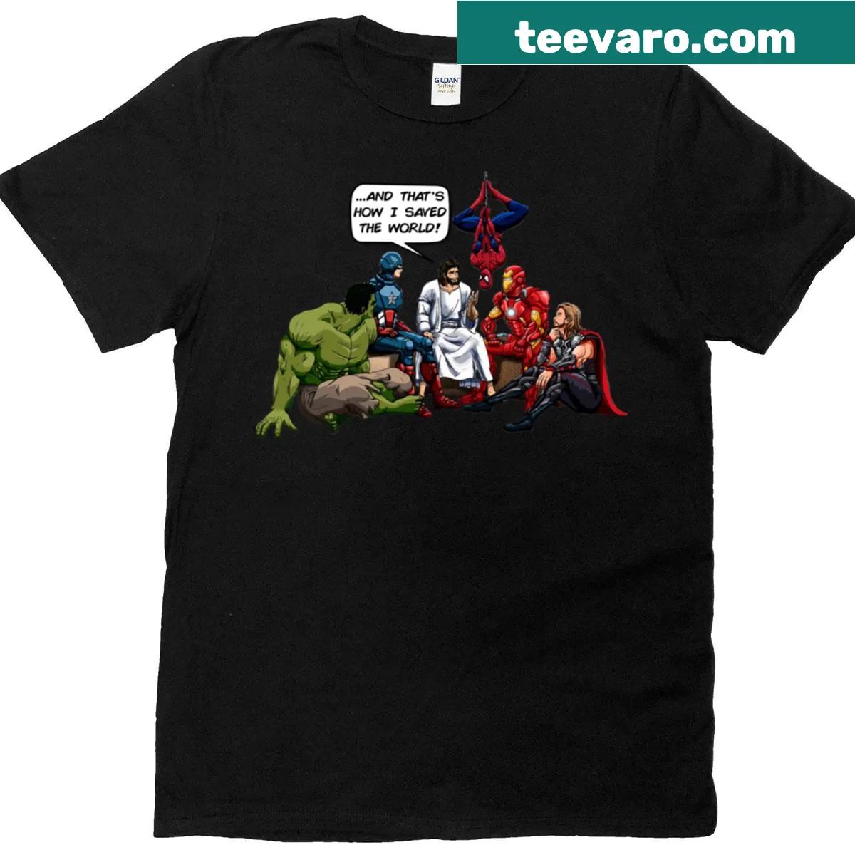 T-shirt featuring a humorous graphic of Jesus and superheroes — on a men's t-shirt