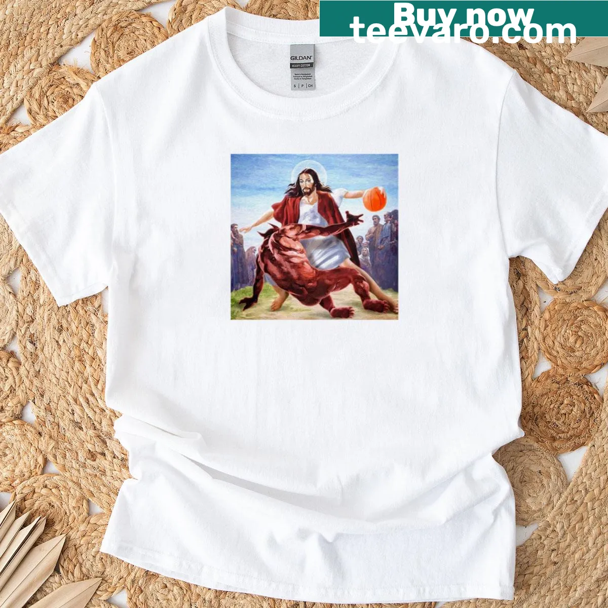 T-shirt featuring a basketball design symbolizing faith and triumph — on a men's t-shirt