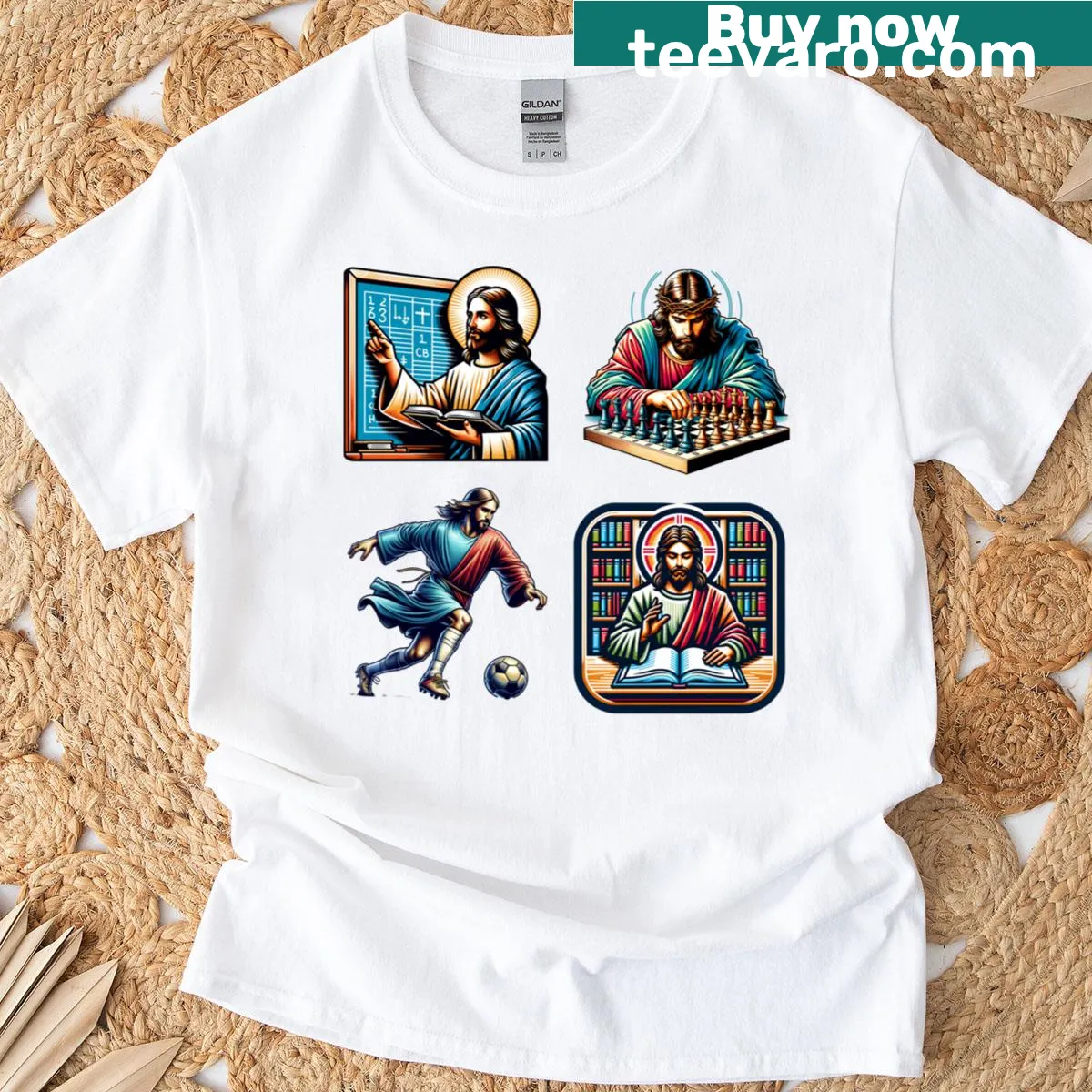 Graphic of Jesus in various roles: teacher, chess, football. — on a men's t-shirt