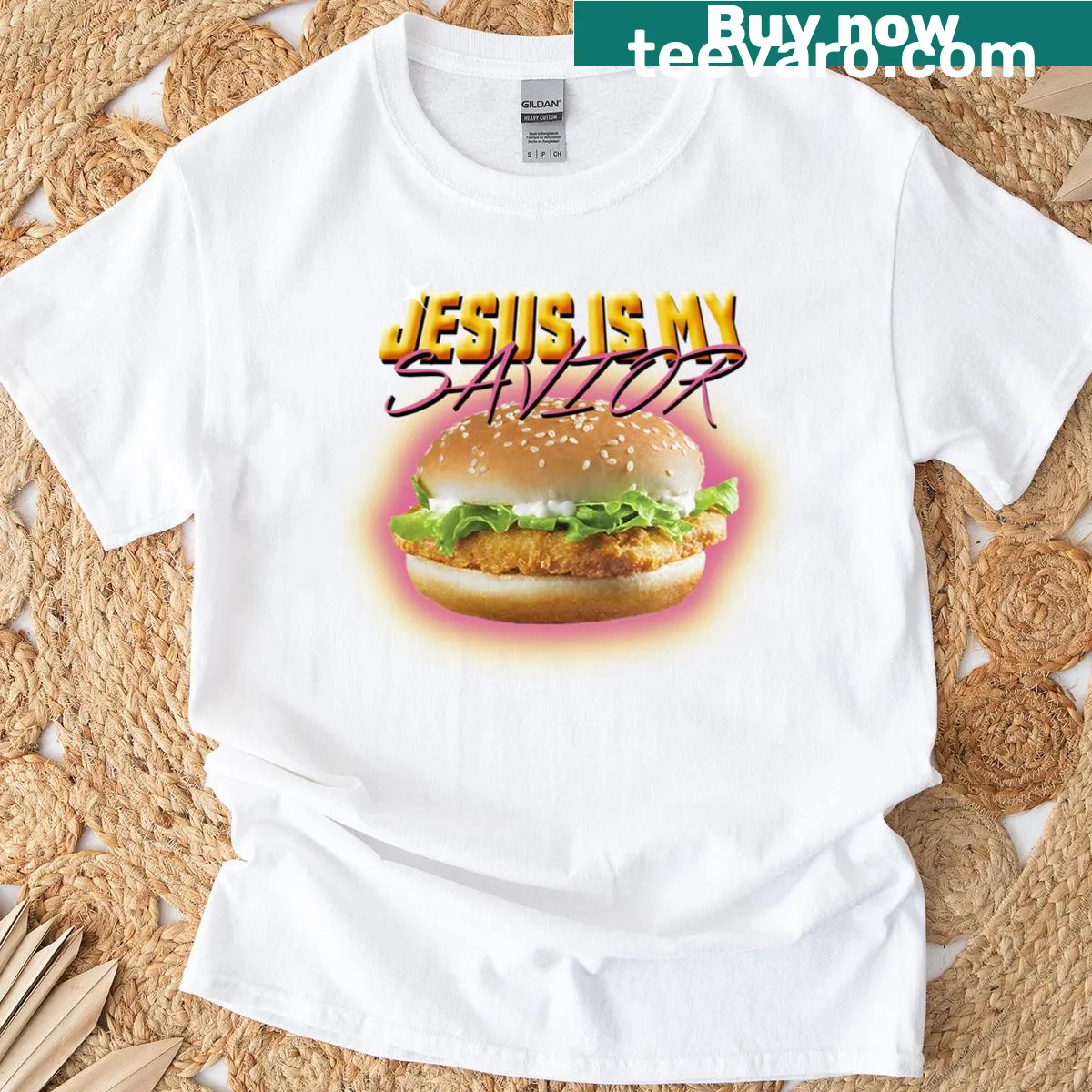 T-shirt with humorous text about Jesus and chicken sandwiches — on a men's t-shirt