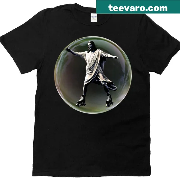 Cartoon Jesus learning to rollerskate graphic t-shirt