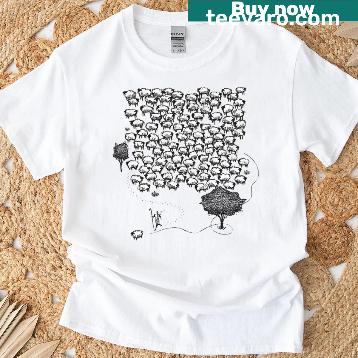 T-shirt depicting the phrase Jesus Leaves The 99 with biblical art — on a men's t-shirt