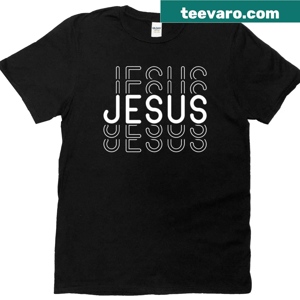 Minimalist t-shirt with black and white text of Jesus name — on a men's t-shirt