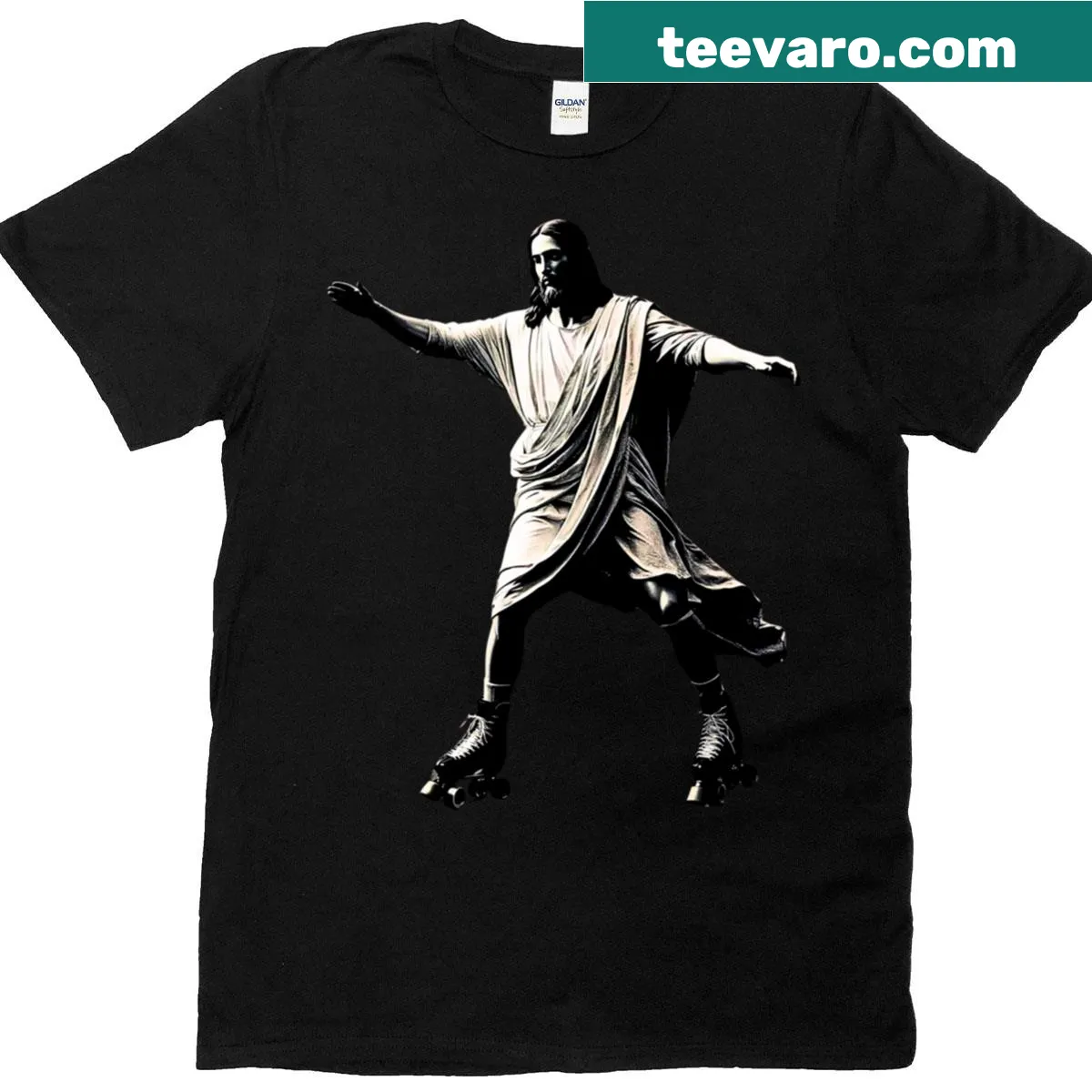 Oversized t-shirt featuring Jesus rollerskating graphic — on a men's t-shirt