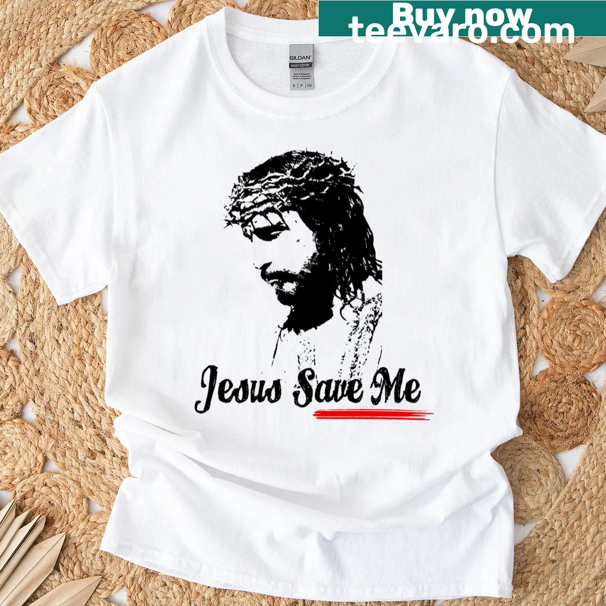 Bold text T-shirt with the phrase 'Jesus Save Me' — on a men's t-shirt